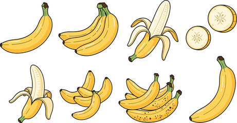 Banana fruit vector set featuring whole, peeled, sliced, and bunch bananas in hand drawn cartoon style illustration © Sumon Creative
