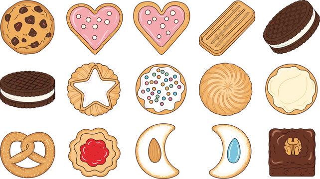 Bakery cookies and biscuits vector set featuring sweet pastries, chocolate treats, and assorted dessert snacks in hand drawn style