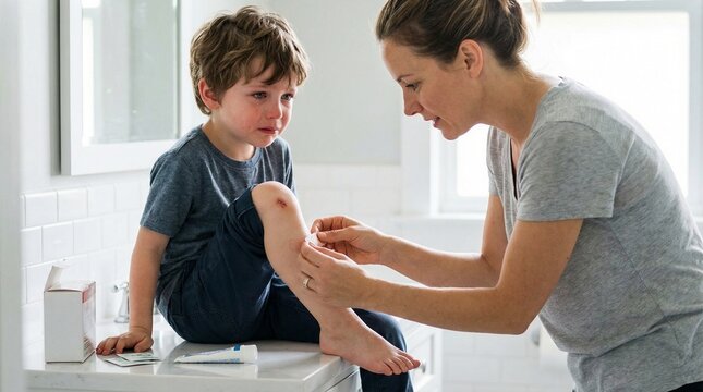 Compassionate mother with gentle mood applying adhesive bandage to crying son knee against bathroom background