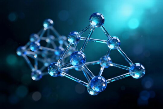 Futuristic molecular structure composed of interconnected glowing spheres and links, representing scientific innovation, nanotechnology, and advanced research