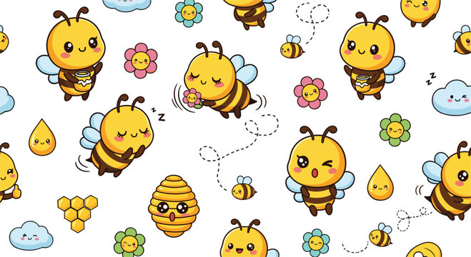 Cute bee seamless pattern vector with honey, flowers, clouds, and kawaii cartoon bees in playful style illustration