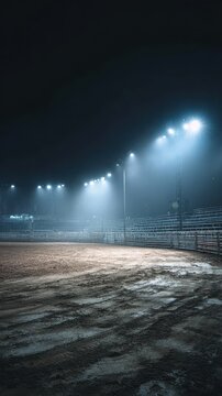 Stunning photo of empty rodeo arena at night with stadium lights and dust.