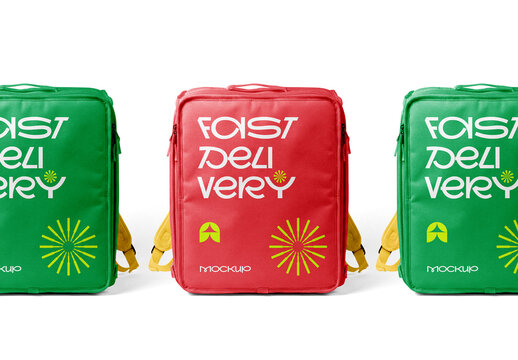 Front View Of Delivery Backpack Mockups Set Isolated On White Background, Blank Food Courier Bag Template