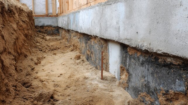 Stunning photo of excavation around a concrete foundation wall for waterproofing and drainage.