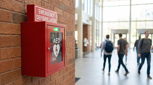 Red emergency defibrillator box in realistic style with bold colors representing life-saving equipment on brick wall background