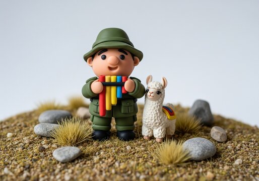 Miniature bolivian soldier clay figure holding colorful pan flute near white llama on sand
