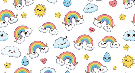 Fototapeta premium Cute rainbow and cloud seamless pattern vector with sun, stars, hearts, and kawaii sky elements in playful style illustration