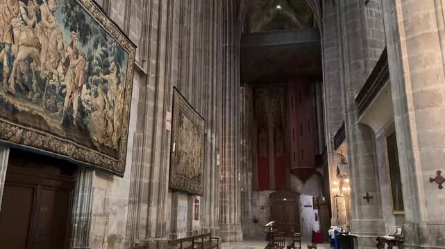 Soaring Gothic Nave and Pillars of the Narbonne Cathedral Interior