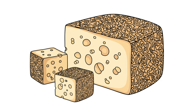 Large wedge and cubes of marbled cheese featuring unique intricate patterns and small air holes on white.