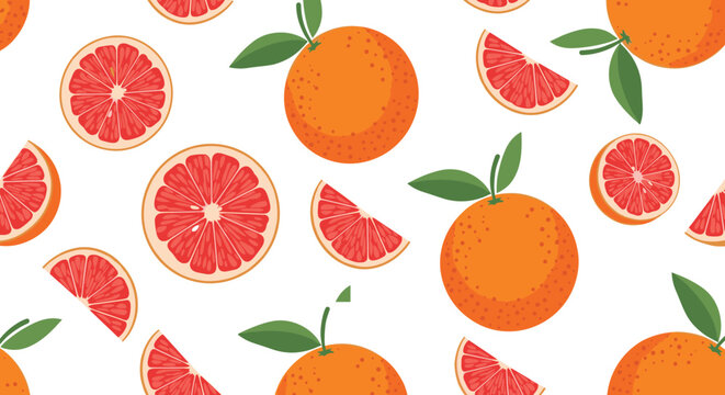 Seamless orange and grapefruit citrus pattern vector with whole fruits, slices, and green leaves on light background