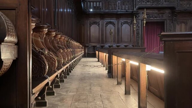 Row of Traditional Wooden Chairs Inside the Narbonne Cathedral