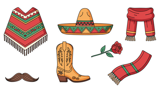 Set of traditional Mexican items including a poncho, sombrero, boots, mustache, scarves, and a red rose flower.