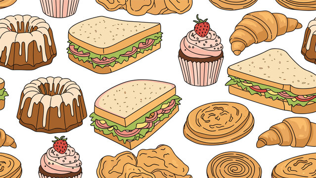 Colorful seamless pattern showcasing a delicious assortment of sandwiches, cupcakes, croissants, and various pastries for a food background.
