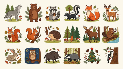 Obraz premium Forest Animals Icons, Woodland Creature Symbols, Wildlife Illustrations, 20 Vector Graphics