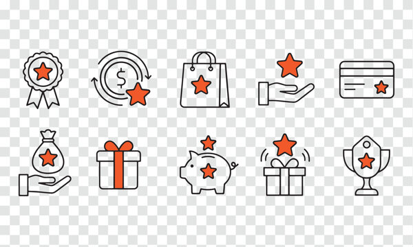 Collection of loyalty program icons with stars trophies gifts money bag piggy bank flat design line art customer service collection credit card certificate appreciation