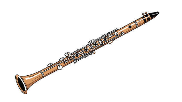 Detailed illustration of a woodwind clarinet with a wooden body and silver keys arranged diagonally on a plain white background.