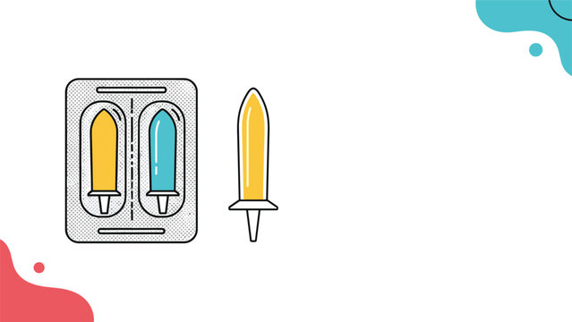 Medical illustration of two colorful suppositories in a blister pack and one single suppository on a plain white background.