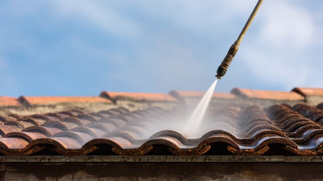 Stunning photo of high pressure water jet cleaning dirty roof tiles during professional house maintenance.