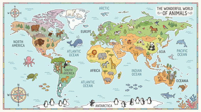 Vintage-style world map highlighting countries with colorful borders and illustrations