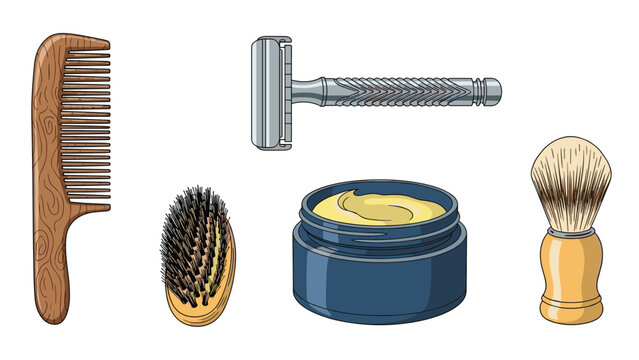 Professional grooming set for men featuring a wooden comb, hairbrush, metal safety razor, shaving cream jar, and a soft bristle shaving brush.