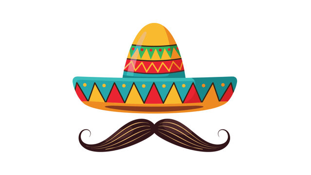 Festive Mexican themed graphic featuring a colorful patterned sombrero hat above a large dark mustache, perfect for celebration decorations.