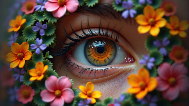 AI Generated Macro Human Eye Surrounded by Vibrant Floral Frame
