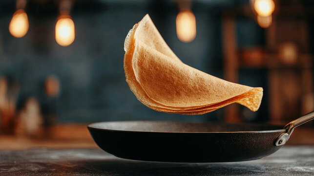 Pancake flipping in mid air over a dark frying pan during food preparation. Capturing motion and delicious homemade breakfast
