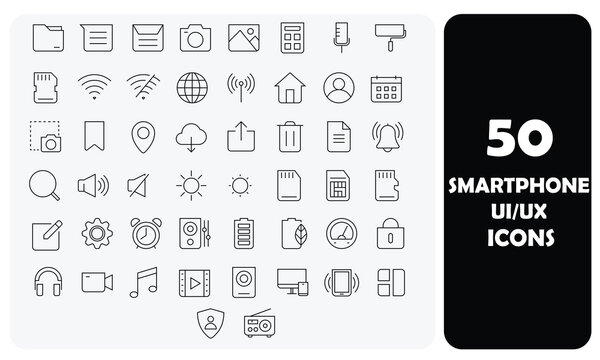 50 Smartphone UI UX Line Vector Icons Set