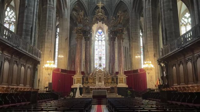 Soaring Gothic Nave and Pillars of the Narbonne Cathedral Interior