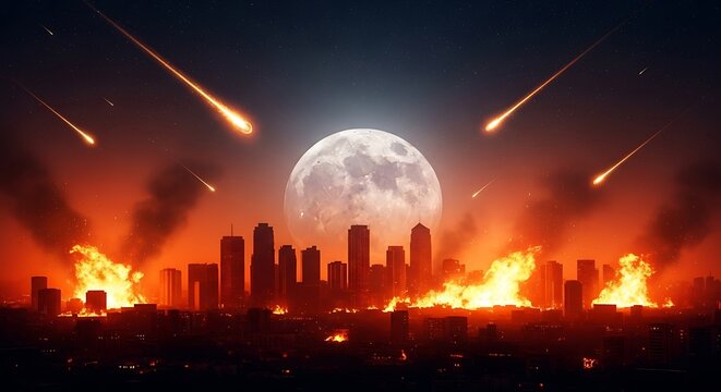 A cityscape engulfed in flames with meteorites falling, full moon, and a dark, starry sky