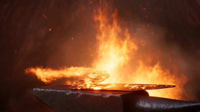 Slow motion close up of hot steel being forged on anvil with roaring forge fire in blacksmith workshop
