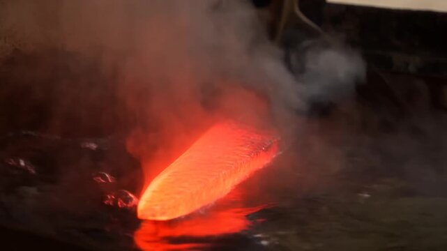 Slow motion close up static shot of molten metal billet entering water pool and steaming in industrial foundry workshop