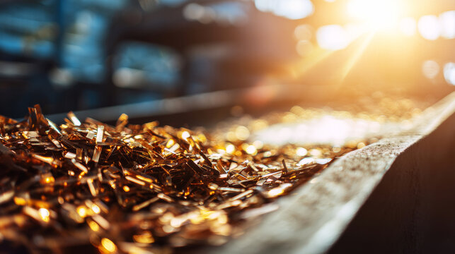 Close up of shiny copper scrap pieces moving along an industrial conveyor belt, highlighting metal recycling and manufacturing
