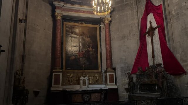 Ornate Stone Altar with Pillars and Religious Painting in Narbonne Cathedral