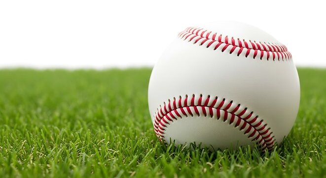 A detailed image of a baseball resting on vibrant green grass, against a pure white backdrop