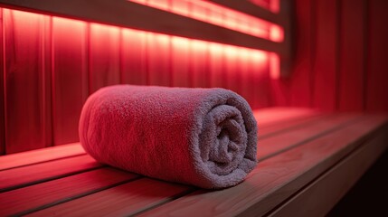 Stunning photo of rolled-up towel sits on the wooden bench of an empty infrared sauna, bathed in the warm glow of red light therapy, inviting relaxation and rejuvenation.