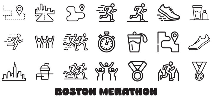 A collection of Boston Marathon running icons in silhouette.