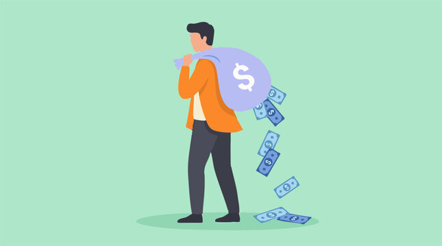 Illustration of man losing money from a leaking bag, financial waste concept
