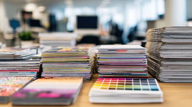 Stunning photo of stacks of printed materials, magazines, and color swatches on a designer's desk in an office setting.