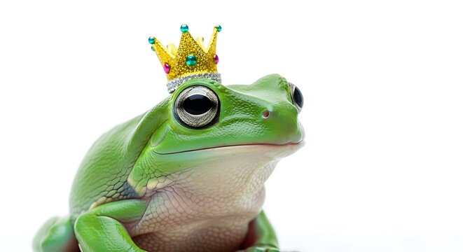 A green frog wearing a miniature gold and jewel-adorned crown. Isolated on white background