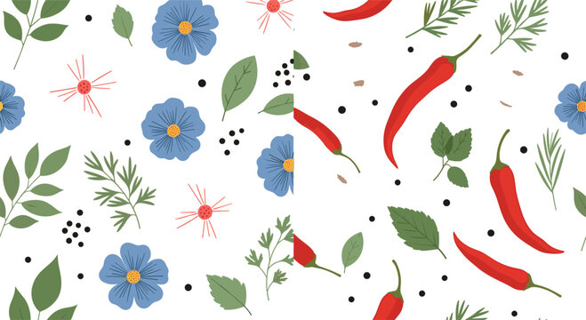 Seamless chili pepper pattern with herbs leaves and flowers hand drawn vector background for kitchen textile design