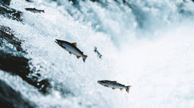 Salmon leaping up powerful waterfall, migrating upstream, battling current and showing determination in nature