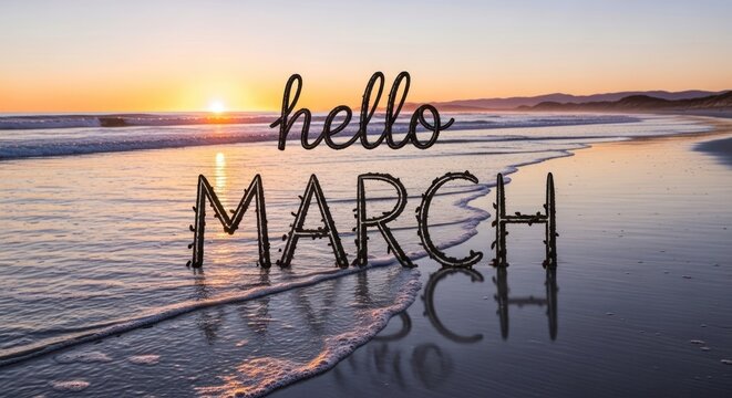 Beach scene welcomes March with script "hello" and textured "MARCH" letters at sunset