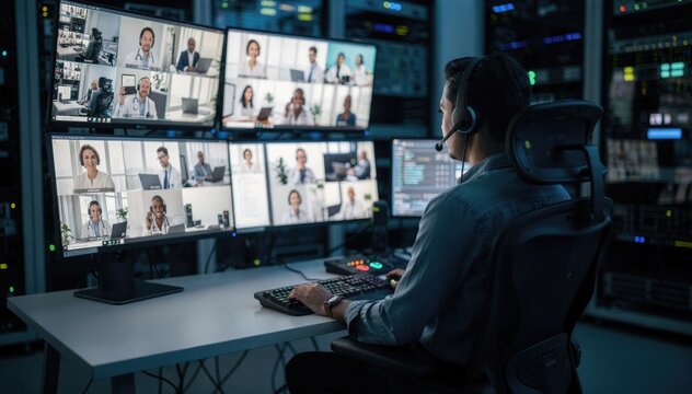 Medium shot capturing a telehealth coordinator monitoring multiple video consultations on screens with a blurred control room ambiance emphasizing remote program integration.