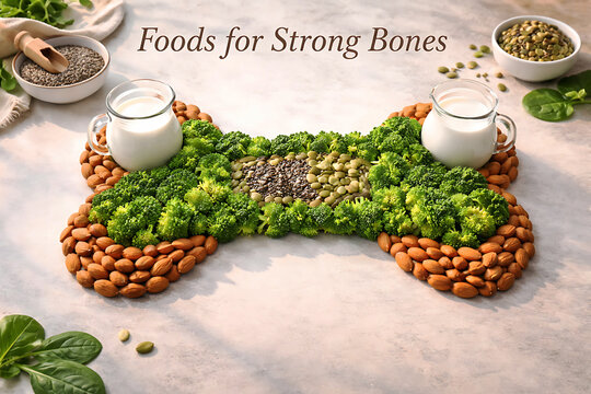 Foods for strong bones healthy eating nutrition concept with milk and vegetables