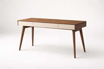 Fototapeta premium Minimalist wooden desk with hairpin legs in neutral studio setting