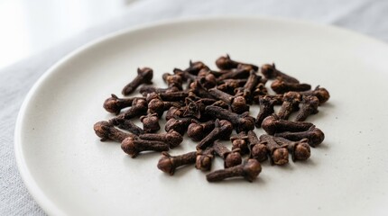 Obraz premium Pile of dried whole cloves scattered on a simple white plate, ready for cooking