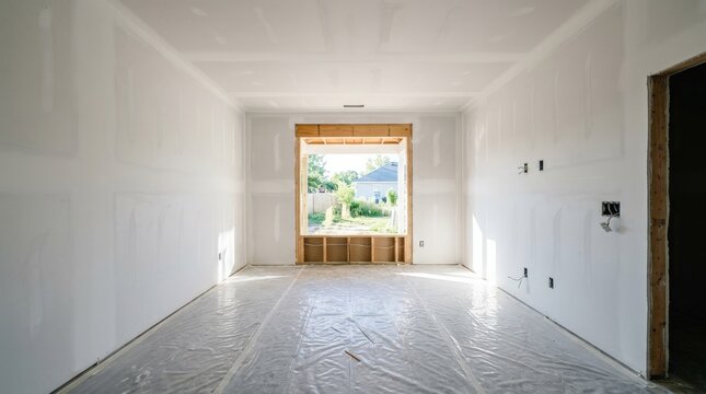 A freshly drywalled residential interior room with smooth plasterboard walls and ceiling fully installed and seams taped and finish-coated, awaiting primer and paint, bright natural light entering