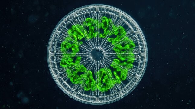 Photorealistic macro photograph of a single phytoplankton diatom organism at extreme magnification, intricate silica cell wall with radial symmetry and fine pore ornamentation visible, translucent