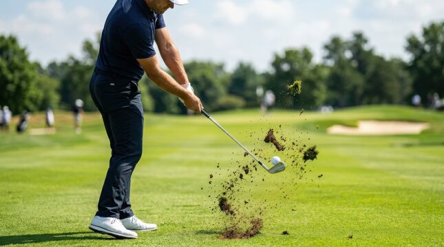 A dramatic freeze-frame of a golf club iron making forceful contact with a white ball on a bright green fairway, clumps of turf and brown earth exploding outward from the point of impact, the ball